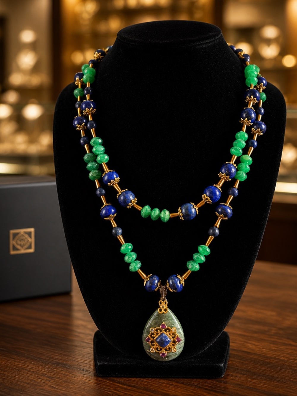 Lapis & crystal Double-Strand Gemstone Necklace with Decorative Pendant